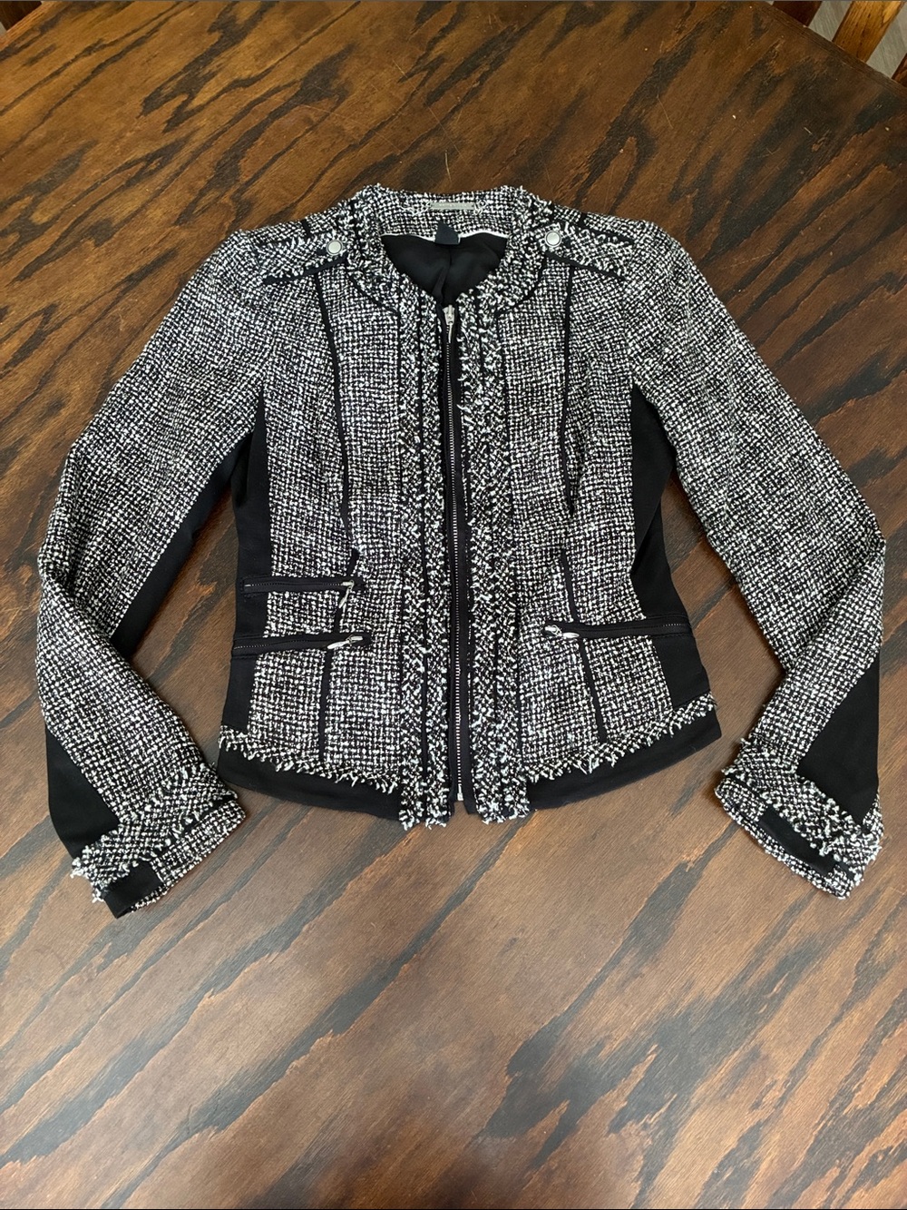White House Black Market Black & White Tweed Zip Jacket